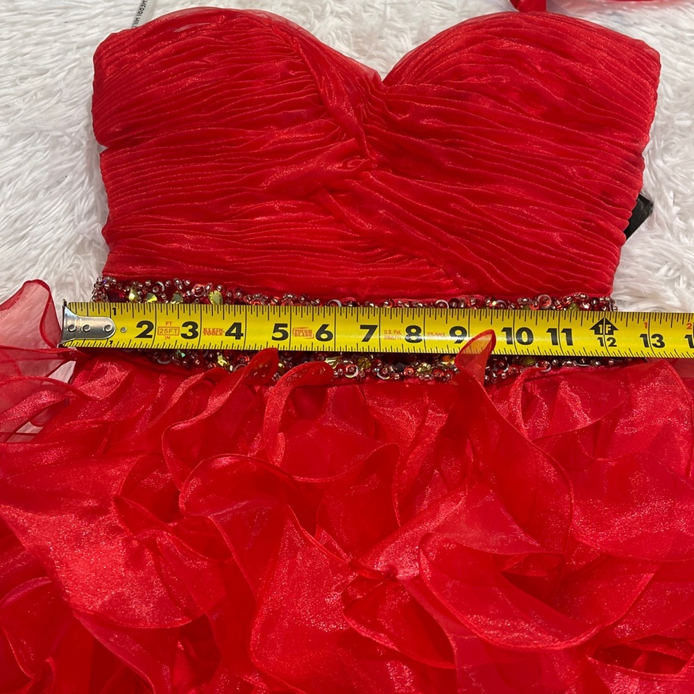 Sherri Hill Red CORKSCREW Ruffled Dress WOMENS SIZE 0 NWT GEMSTONE WAISTBAND - Picture 14 of 15